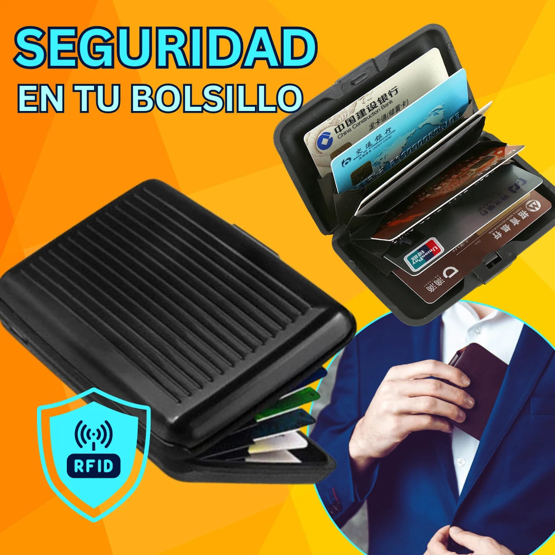 Billetera tarjetero de aluminio con bloqueo RFID abierta y cerrada